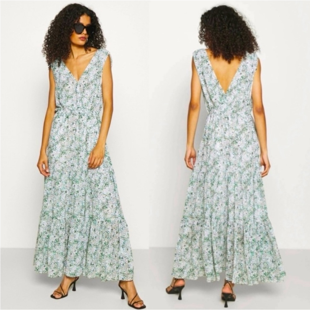 Banana Republic deep V-neck floral maxi dress tiered skirt pockets